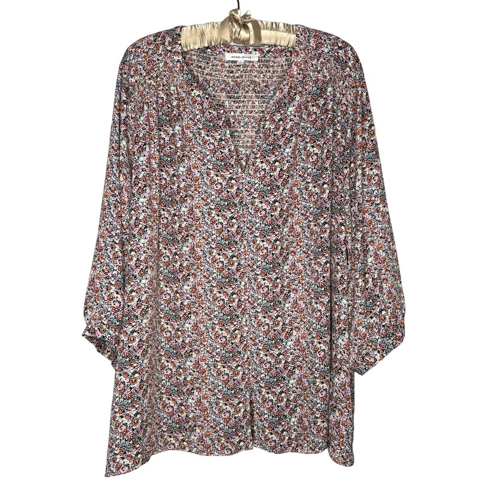 Rose + Olive Blouse 3X Boho Peasant Gypsy Floral Button Shirt Popover Tunic Top